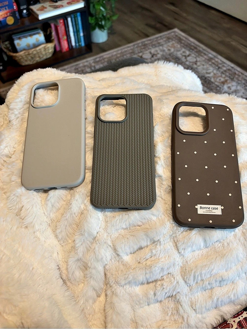 Three iPhone 15 pro max Phone Cases, Cream, Gray, and Brown